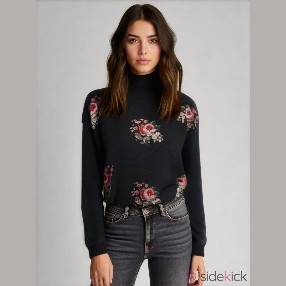 Worthington Black Floral Knit Turtleneck Sweater Small
